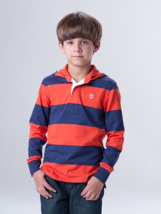 Stripe cotton boy polo shirt with hood - Click Image to Close